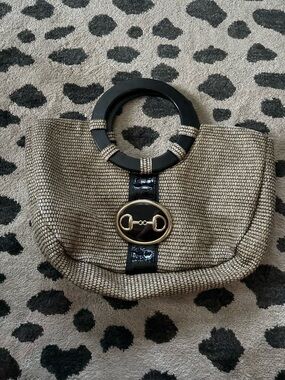 Braciano Beige Woven Clutch with Black Handle & Gold Accent